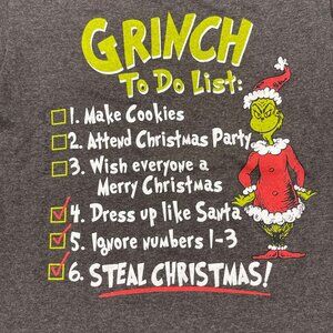 Dr. Suess Youth XS Gray Grinch To Do List TShirt Christmas Graphic Print Holiday